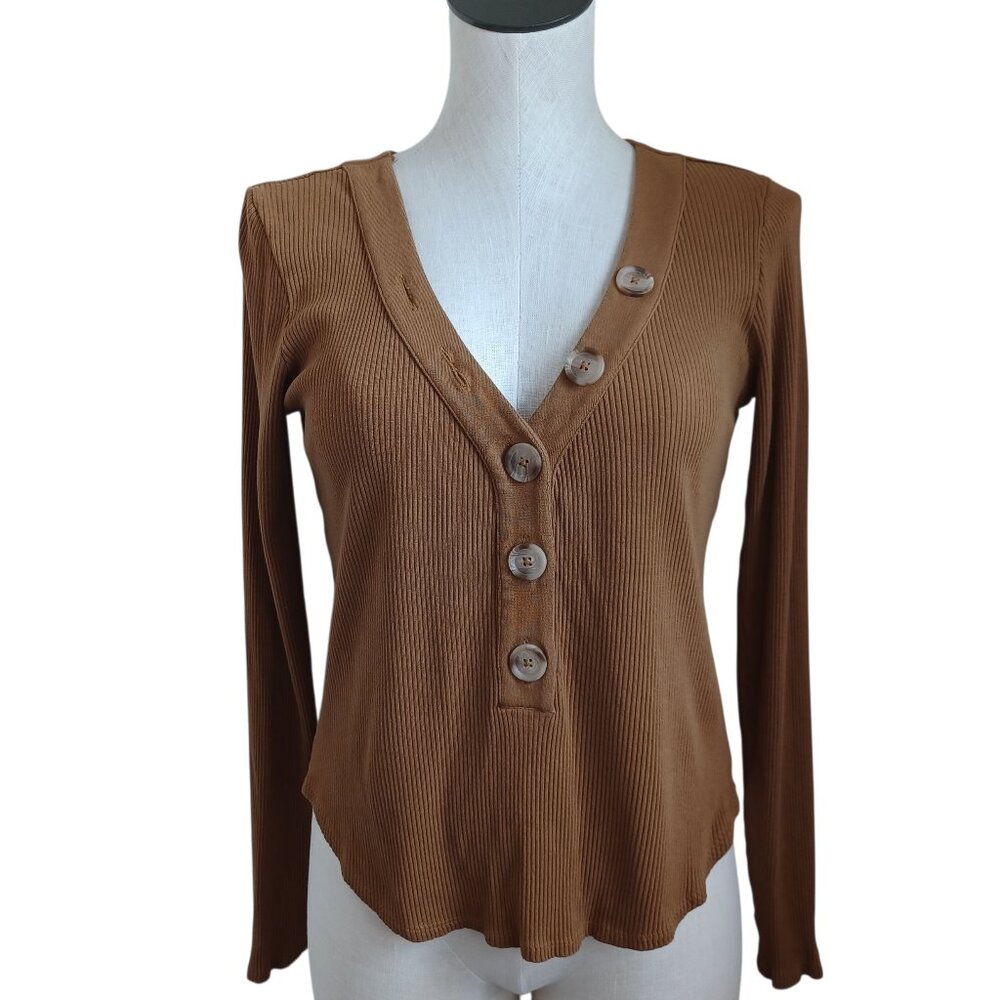 Oneill Top Riell Ribbed Long Sleeve‎ Knit Henley Tee Shirt Womens Medium